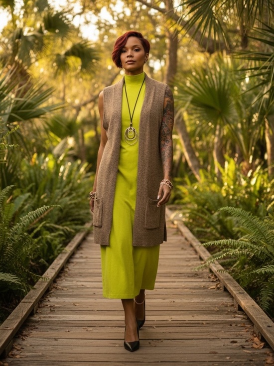 Karen Scott Dresses & Skirts - Lime Green Sleeveless Midi Dress W/ Tan Knit Vest☑️